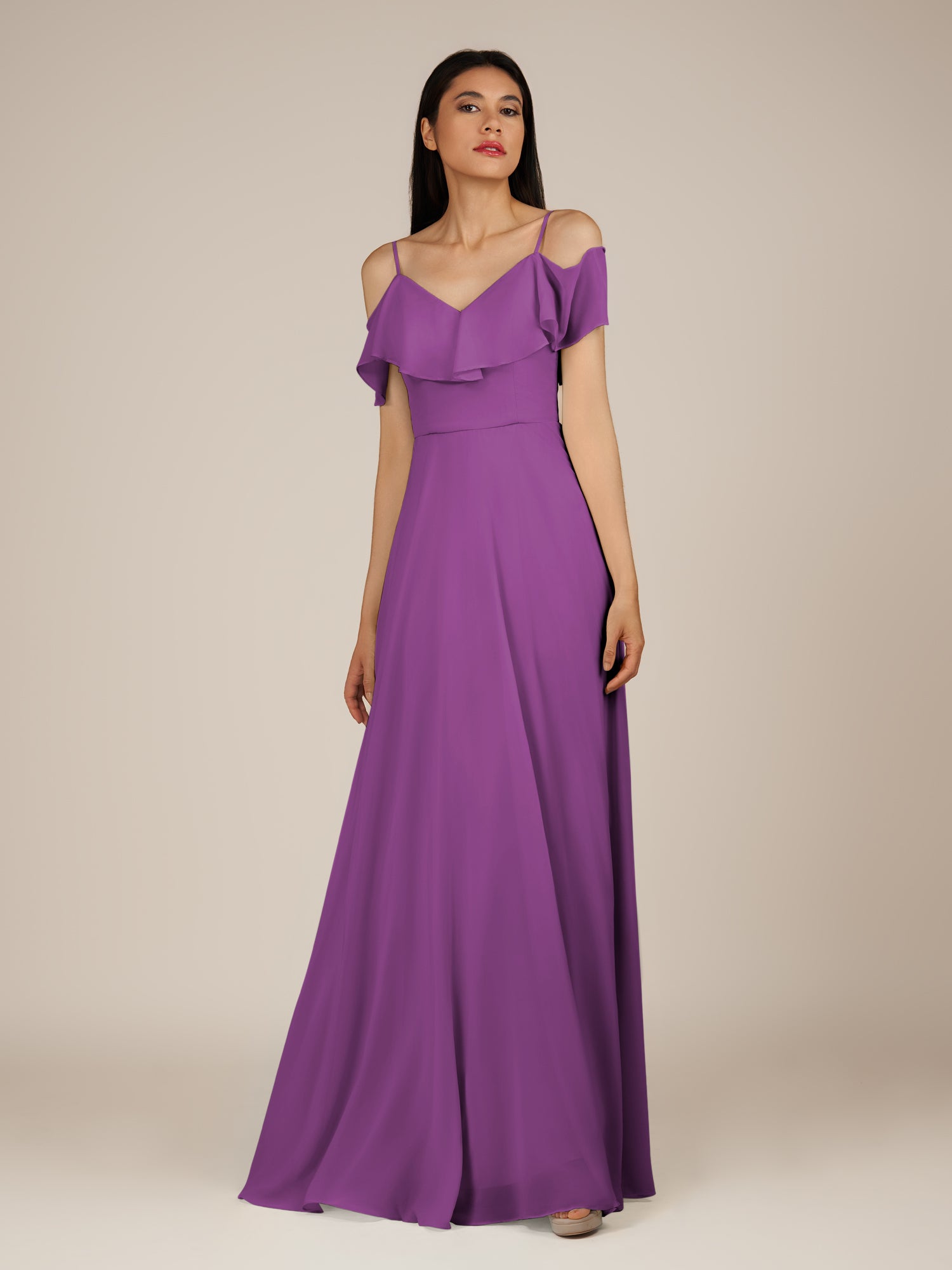 KissDress-Junessa Amethyst A Line Off the Shoulder Chiffon Long Bridesmaid Dress with Ruffles
