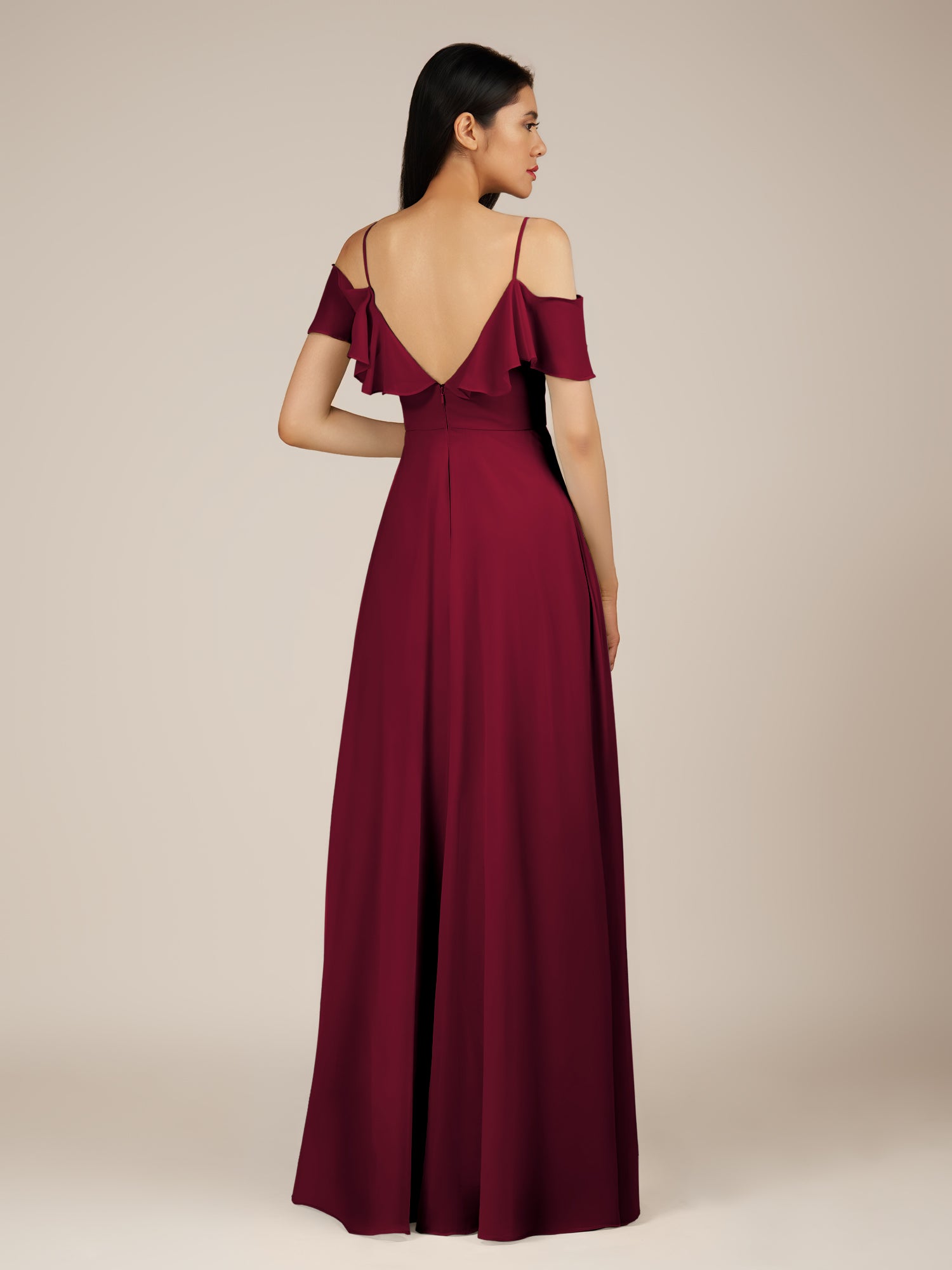 KissDress-Junessa Berry A Line Off the Shoulder Chiffon Long Bridesmaid Dress with Ruffles