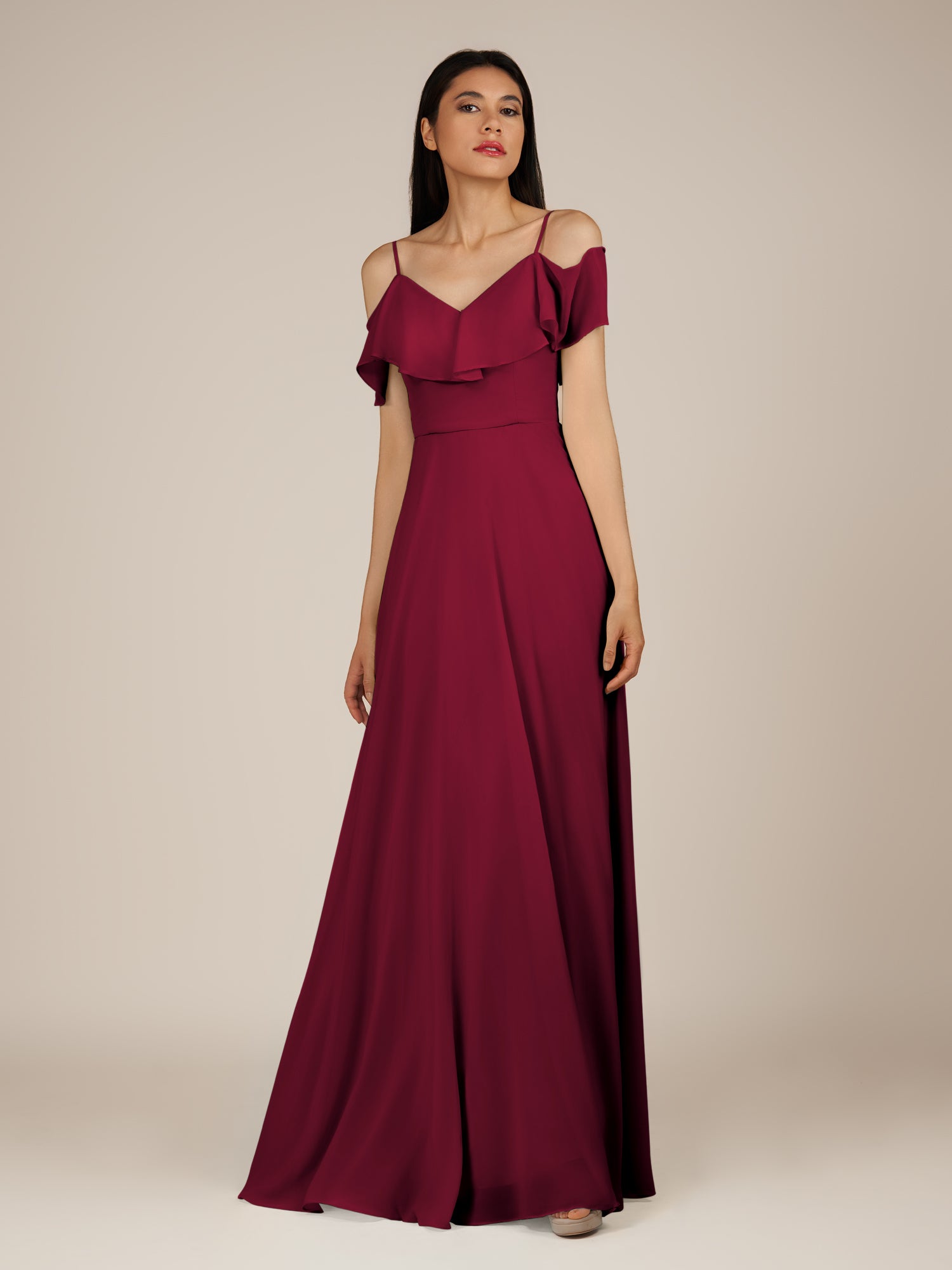 KissDress-Junessa Berry A Line Off the Shoulder Chiffon Long Bridesmaid Dress with Ruffles