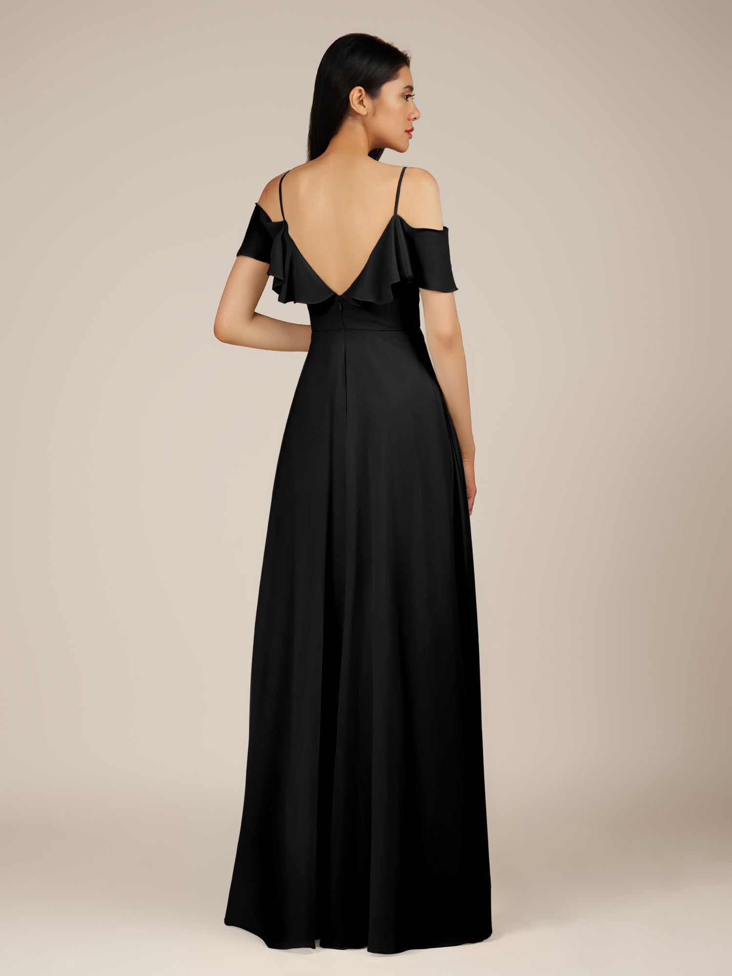 KissDress-Junessa Black A Line Off the Shoulder Chiffon Long Bridesmaid Dress with Ruffles