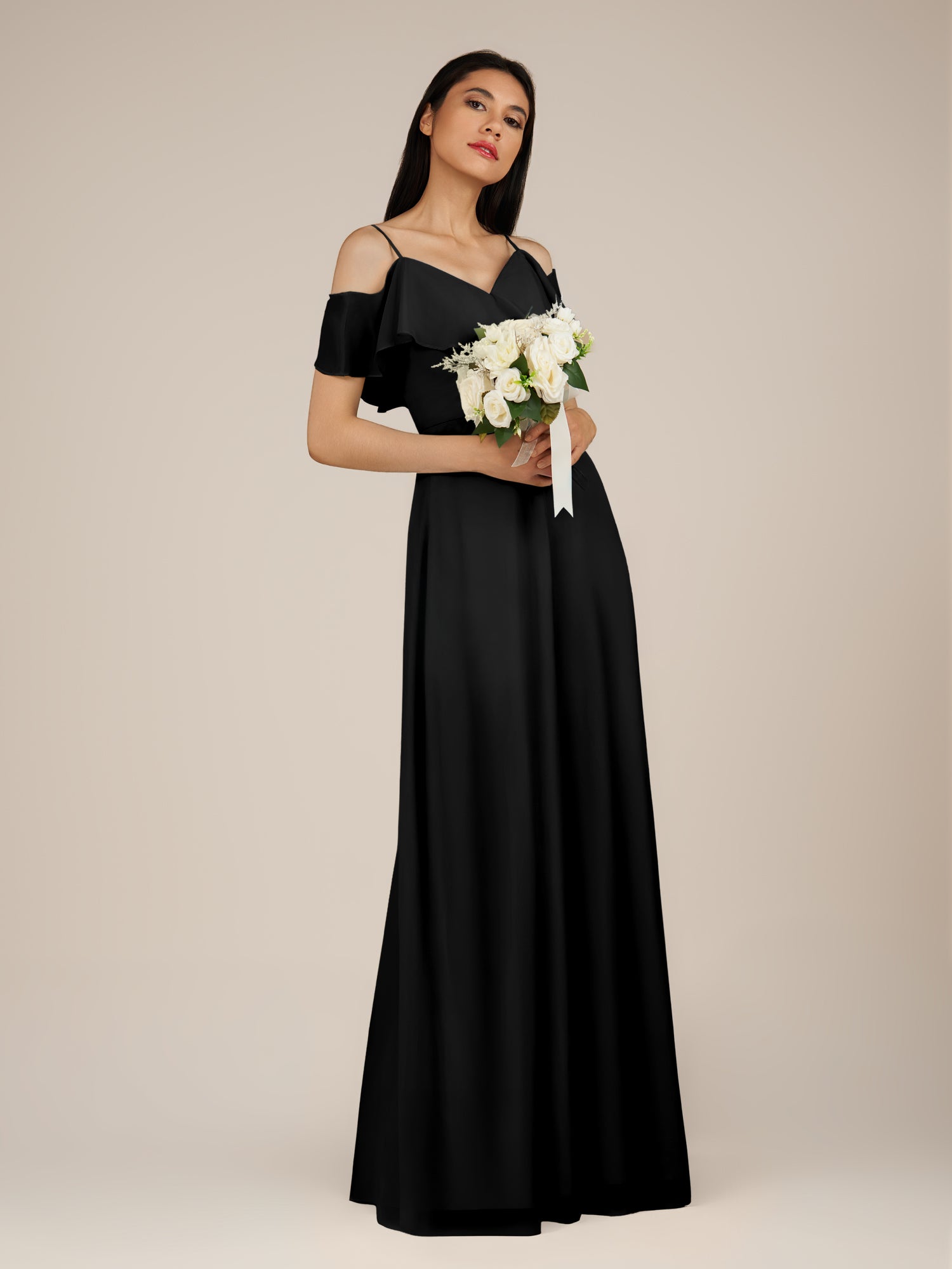 KissDress-Junessa Black A Line Off the Shoulder Chiffon Long Bridesmaid Dress with Ruffles
