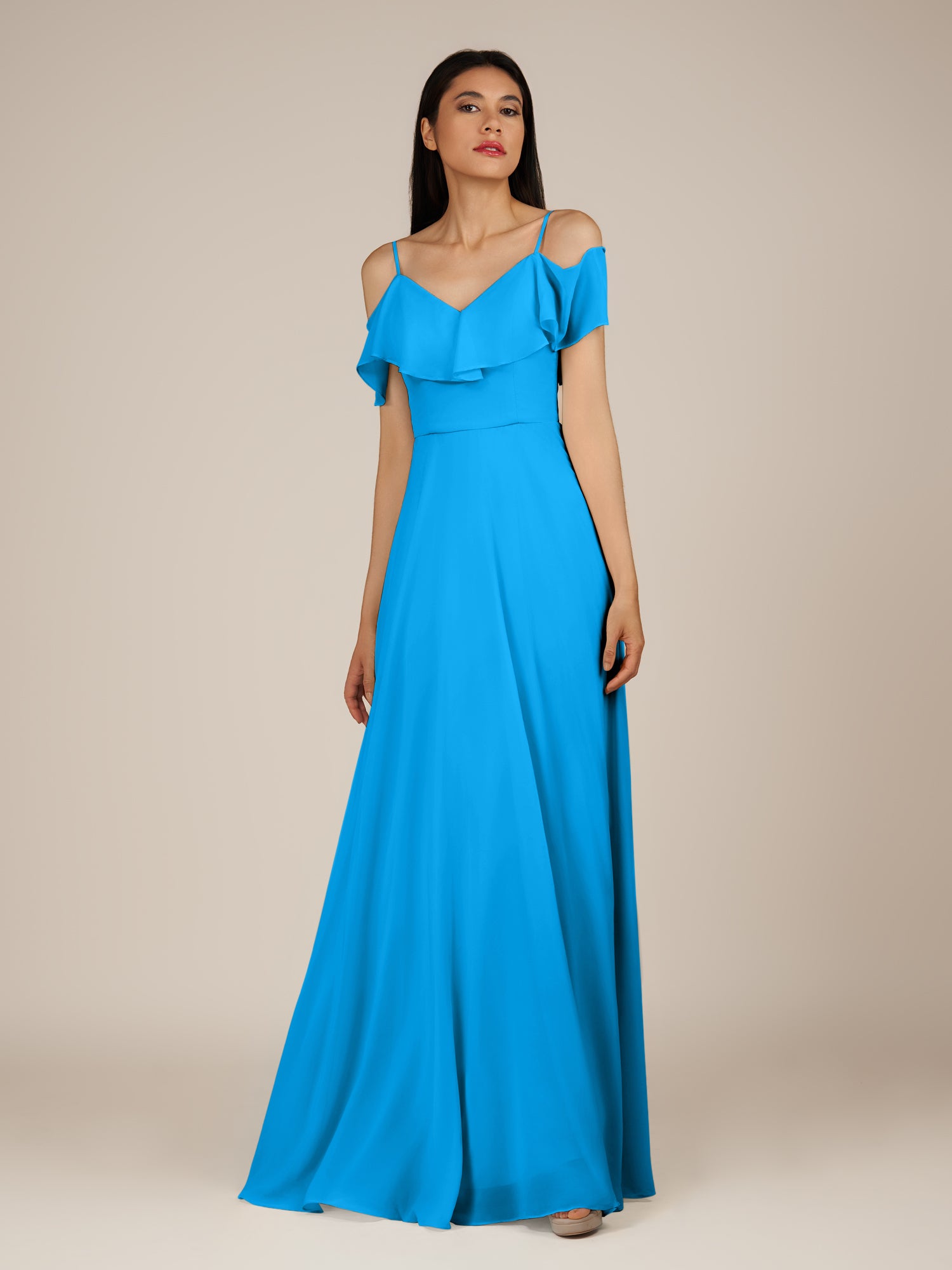 KissDress-Junessa Blue Jay A Line Off the Shoulder Chiffon Long Bridesmaid Dress with Ruffles