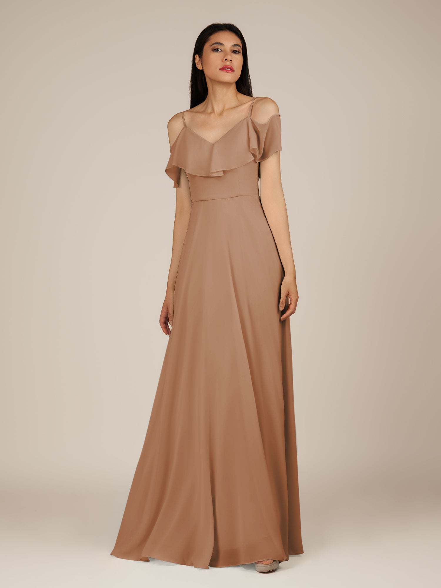 KissDress-Junessa Bronzer A Line Off the Shoulder Chiffon Long Bridesmaid Dress with Ruffles