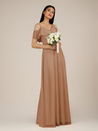 KissDress-Junessa Bronzer A Line Off the Shoulder Chiffon Long Bridesmaid Dress with Ruffles