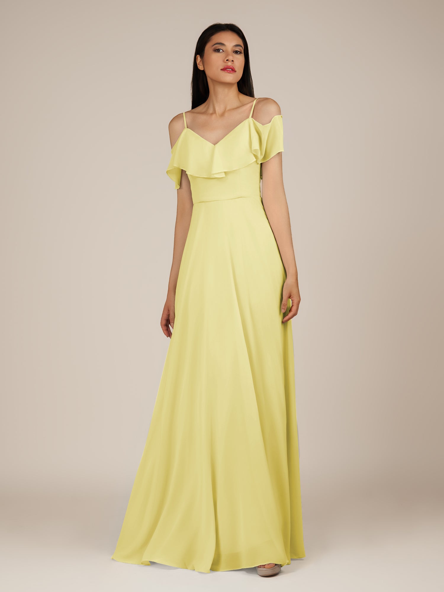 KissDress-Junessa Buttercup A Line Off the Shoulder Chiffon Long Bridesmaid Dress with Ruffles