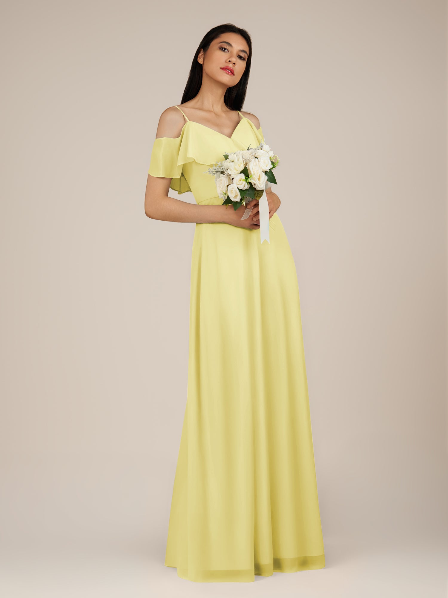 KissDress-Junessa Buttercup A Line Off the Shoulder Chiffon Long Bridesmaid Dress with Ruffles