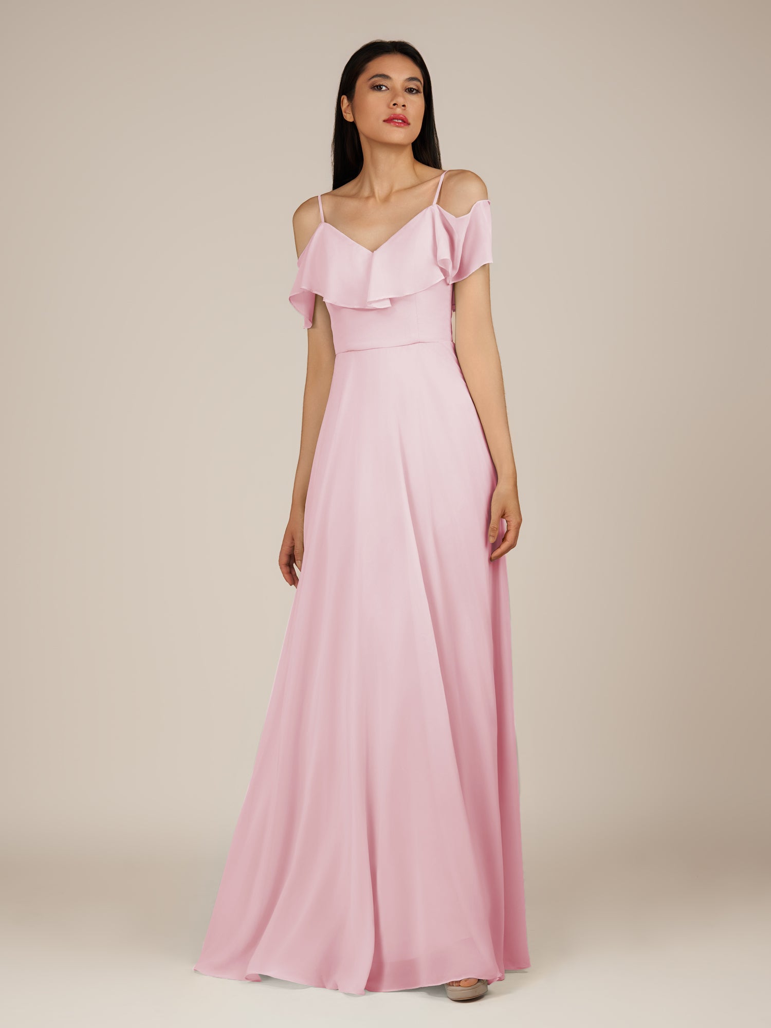KissDress-Junessa Candy Pink A Line Off the Shoulder Chiffon Long Bridesmaid Dress with Ruffles