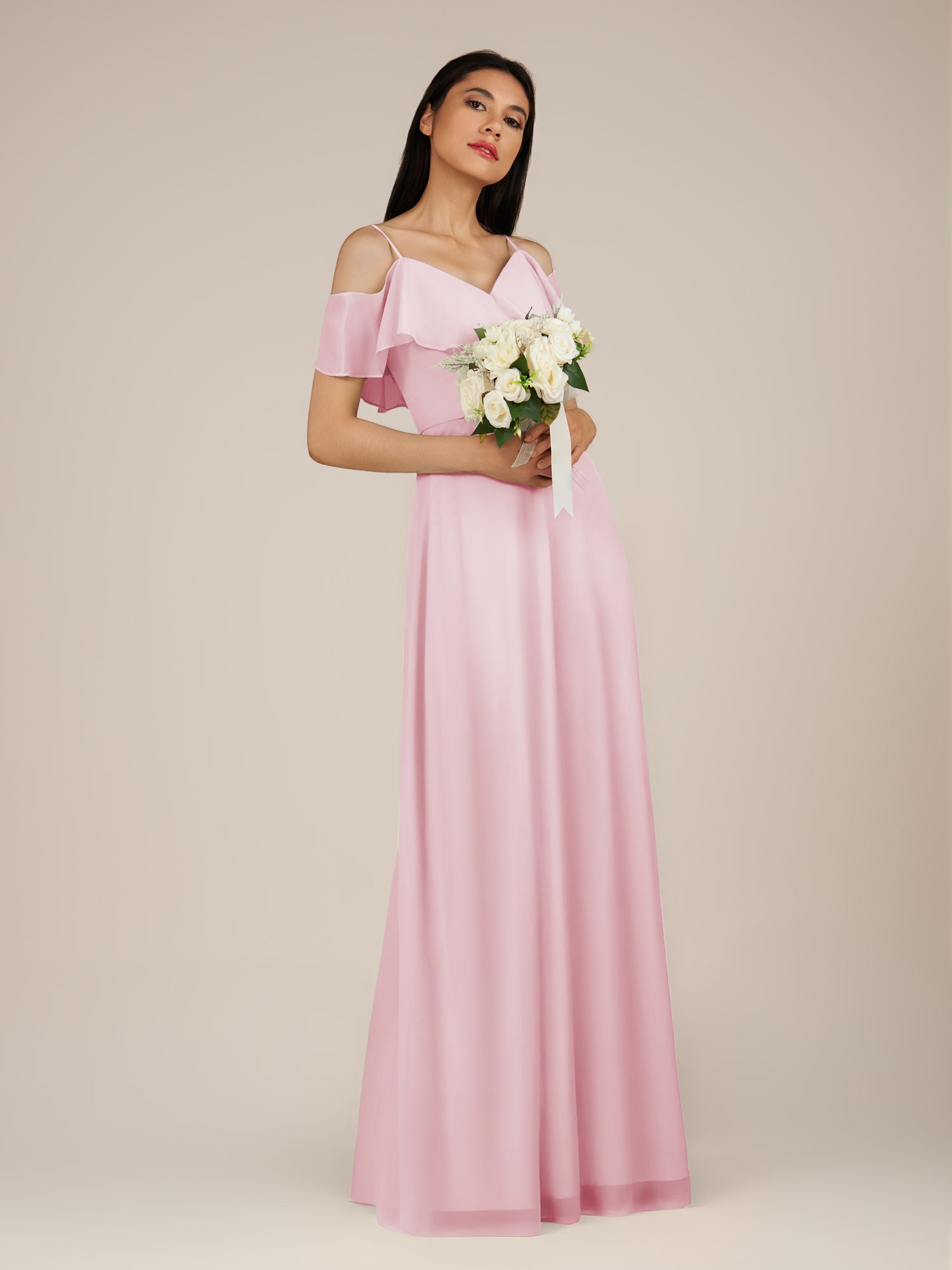 KissDress-Junessa Candy Pink A Line Off the Shoulder Chiffon Long Bridesmaid Dress with Ruffles