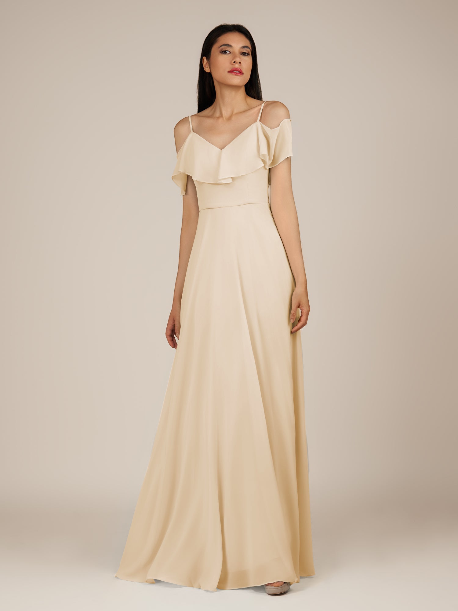 KissDress-Junessa Champagne A Line Off the Shoulder Chiffon Long Bridesmaid Dress with Ruffles
