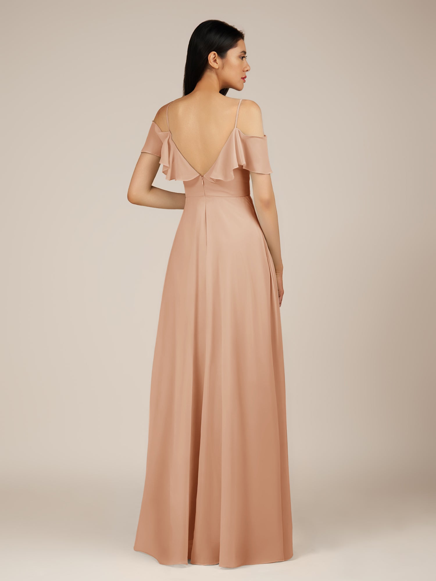KissDress-Junessa Champagne Rose A Line Off the Shoulder Chiffon Long Bridesmaid Dress with Ruffles