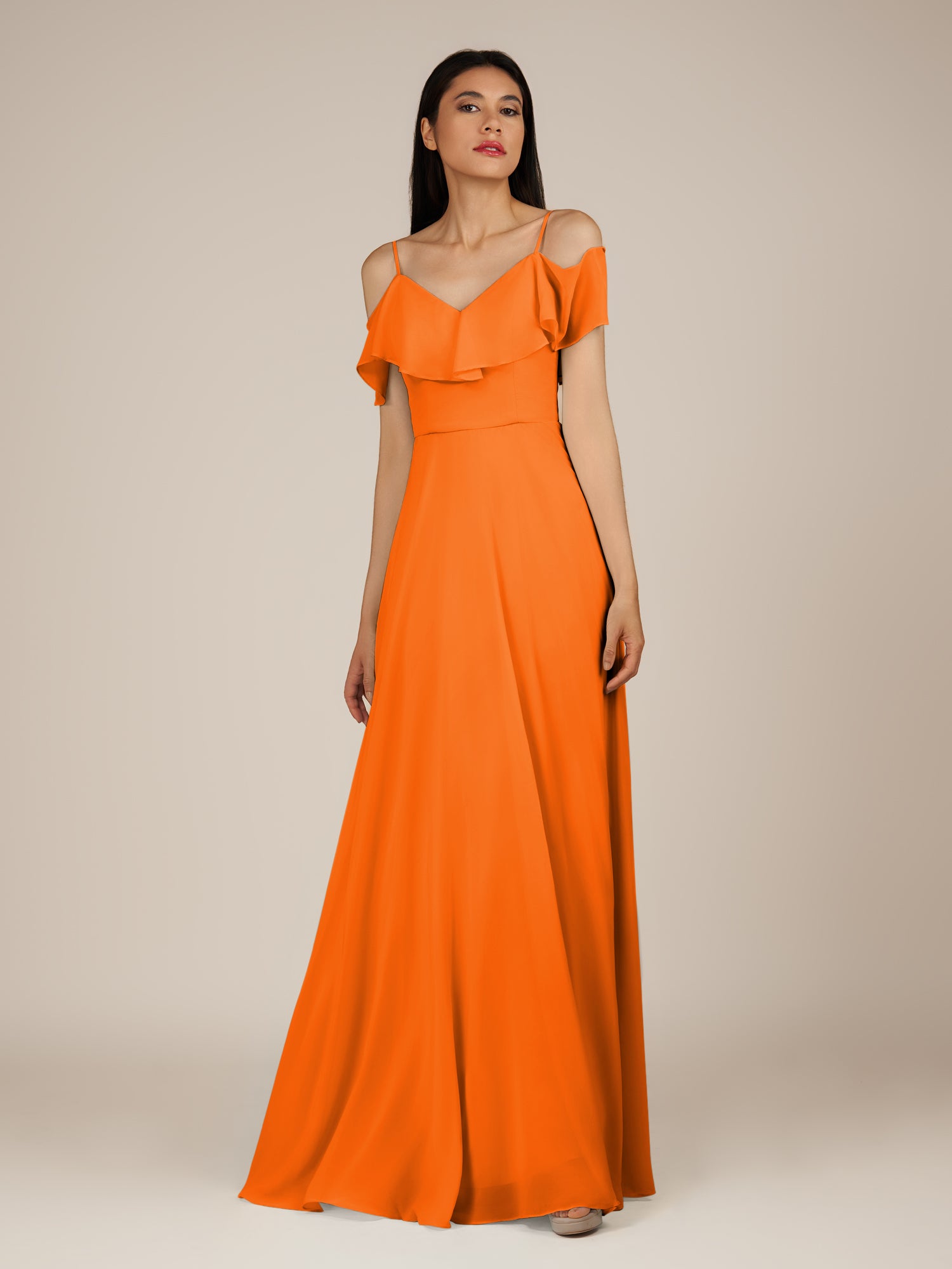 KissDress-Junessa Cinnamon A Line Off the Shoulder Chiffon Long Bridesmaid Dress with Ruffles
