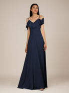 KissDress-Junessa Dark Navy A Line Off the Shoulder Chiffon Long Bridesmaid Dress with Ruffles
