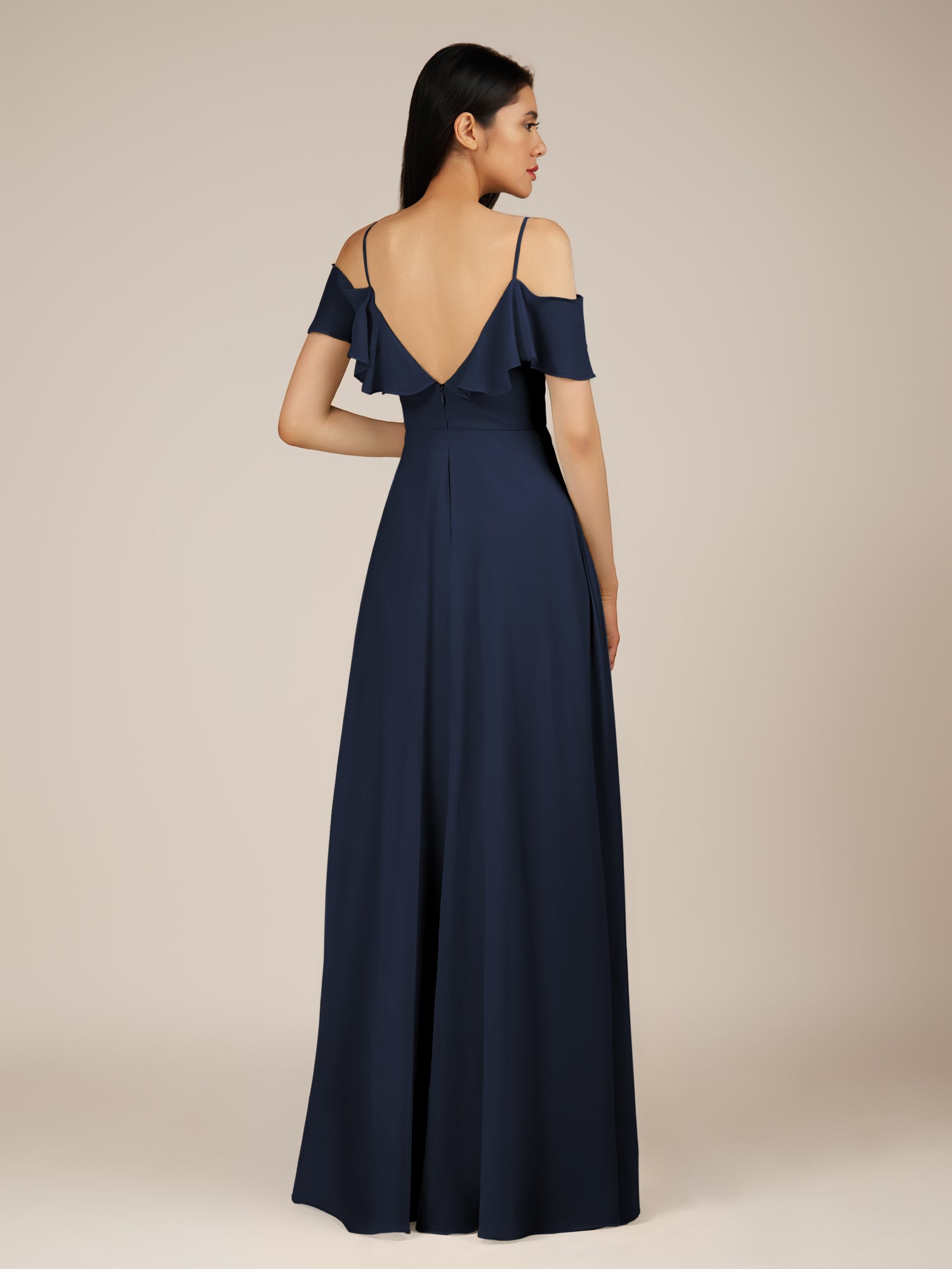 KissDress-Junessa Dark Navy A Line Off the Shoulder Chiffon Long Bridesmaid Dress with Ruffles