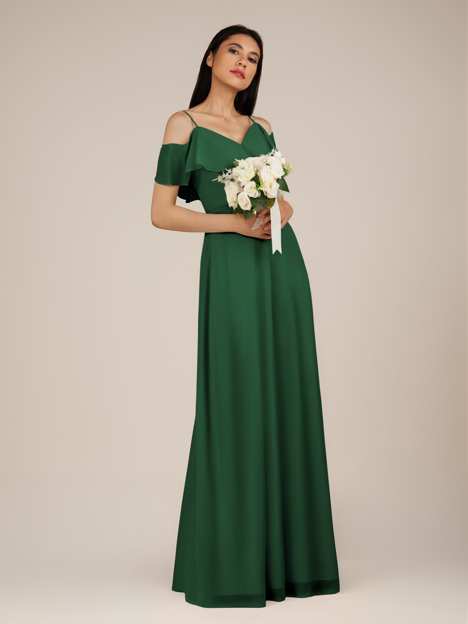 KissDress-Junessa Dark Green A Line Off the Shoulder Chiffon Long Bridesmaid Dress with Ruffles