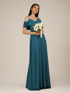 KissDress-Junessa Dark Teal A Line Off the Shoulder Chiffon Long Bridesmaid Dress with Ruffles