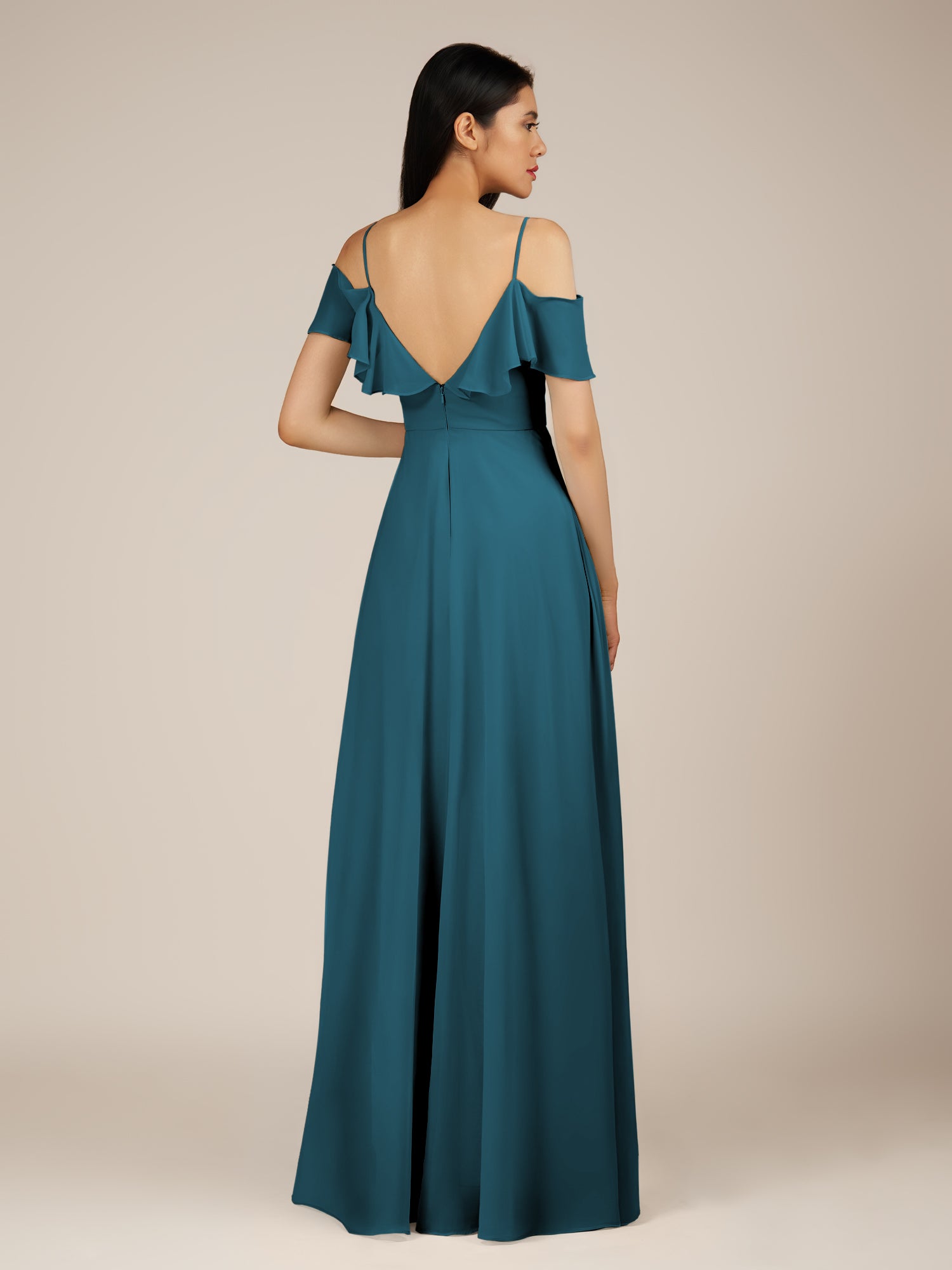 KissDress-Junessa Dark Teal A Line Off the Shoulder Chiffon Long Bridesmaid Dress with Ruffles