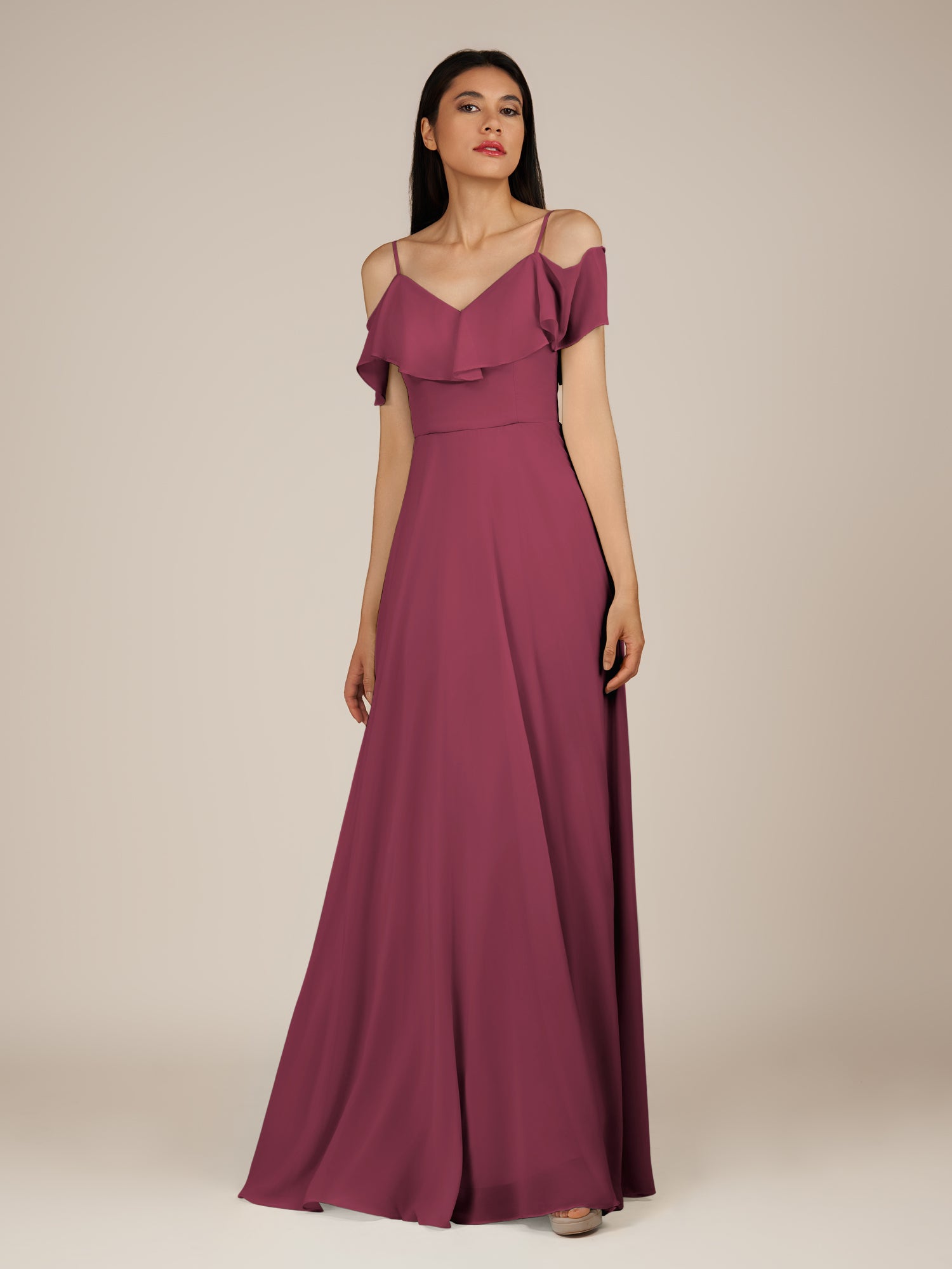 KissDress-Junessa Desert Rose A Line Off the Shoulder Chiffon Long Bridesmaid Dress with Ruffles