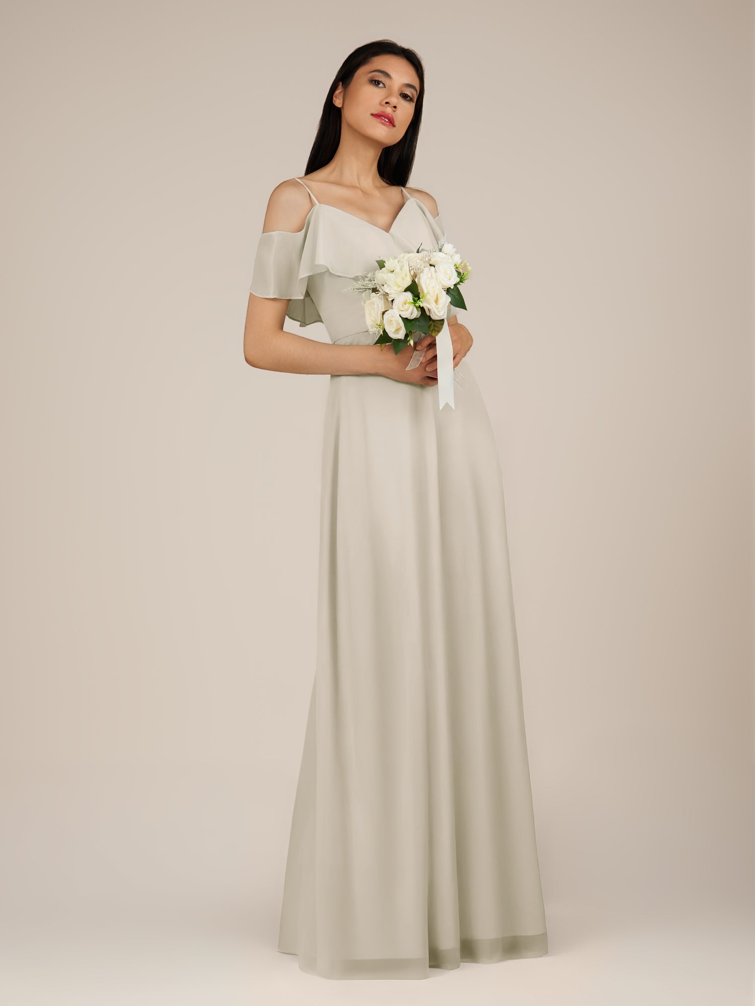KissDress-Junessa Dove Gray A Line Off the Shoulder Chiffon Long Bridesmaid Dress with Ruffles