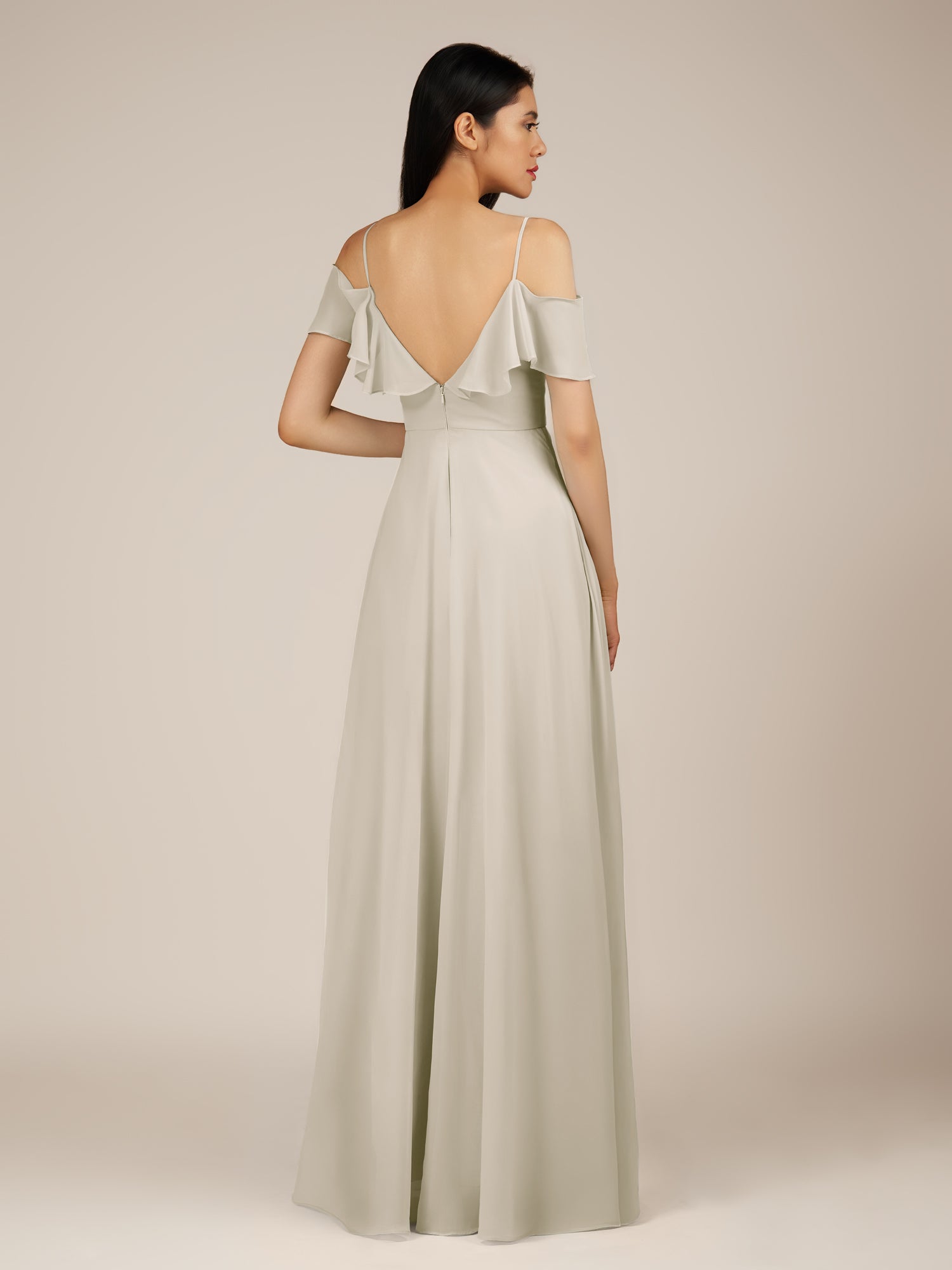 KissDress-Junessa Dove Gray A Line Off the Shoulder Chiffon Long Bridesmaid Dress with Ruffles