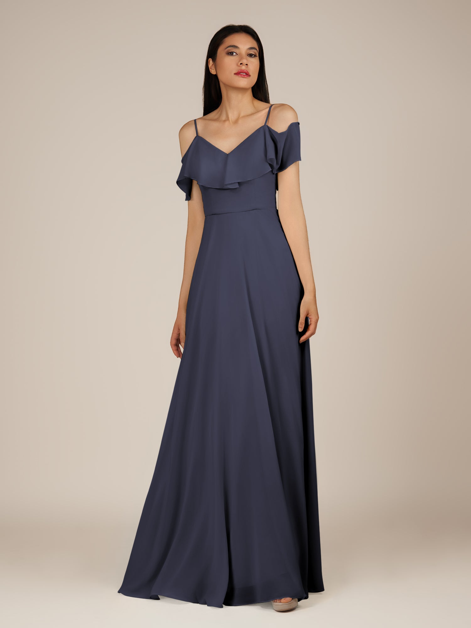 KissDress-Junessa Dusk Blue A Line Off the Shoulder Chiffon Long Bridesmaid Dress with Ruffles