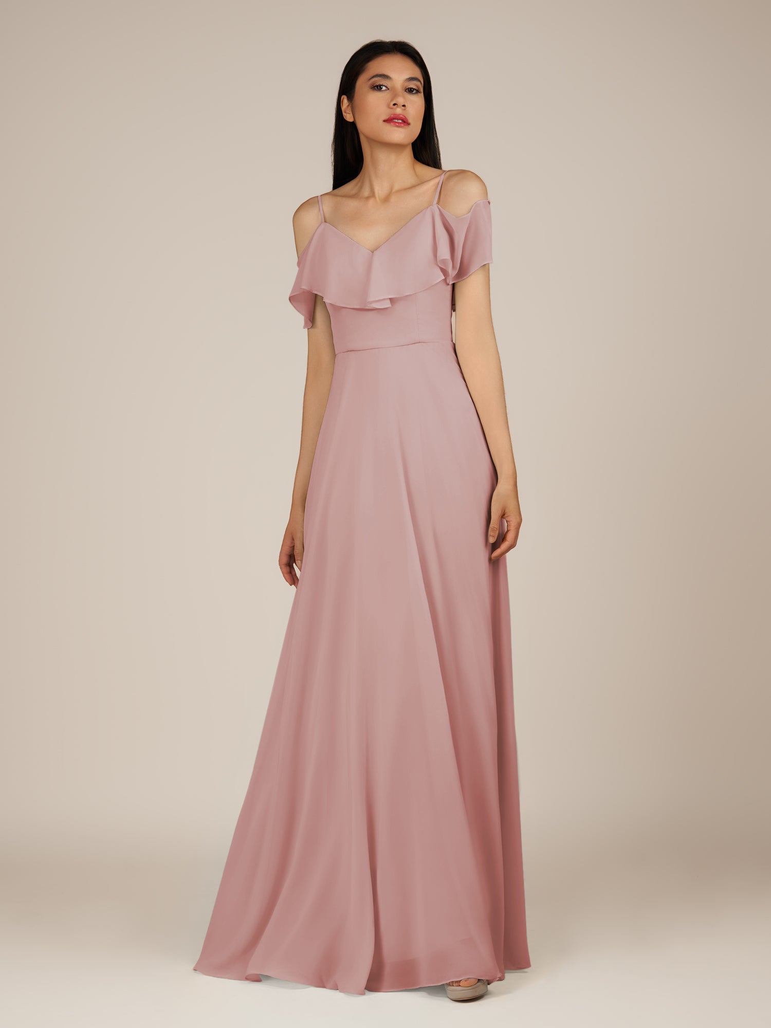 KissDress-Junessa Dusty Rose A Line Off the Shoulder Chiffon Long Bridesmaid Dress with Ruffles