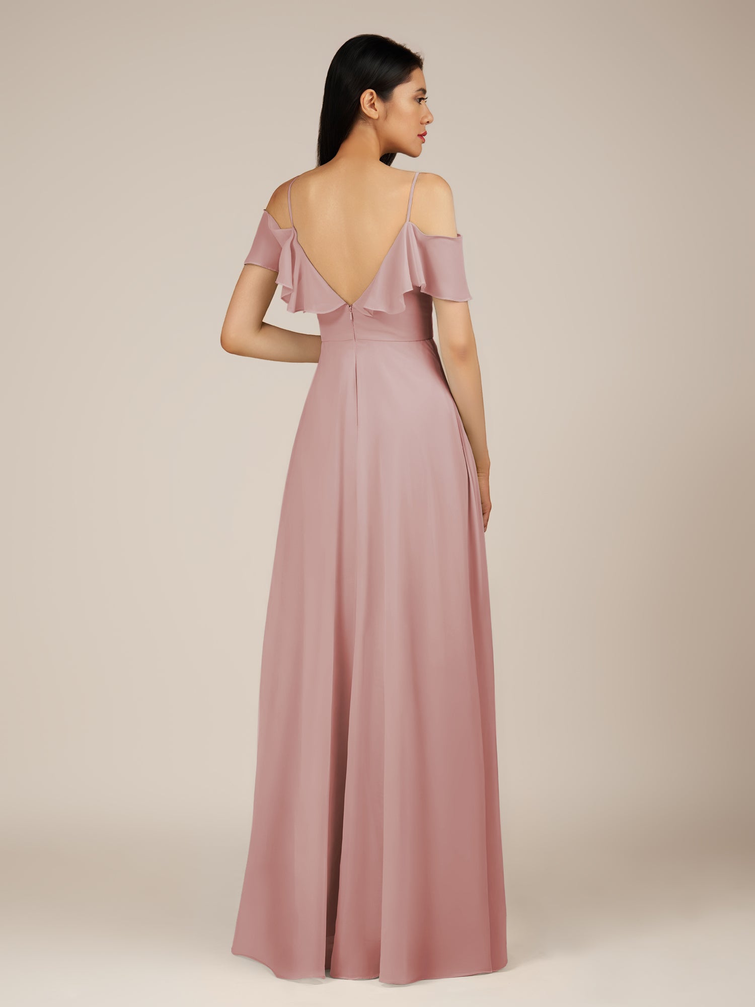 KissDress-Junessa Dusty Rose A Line Off the Shoulder Chiffon Long Bridesmaid Dress with Ruffles
