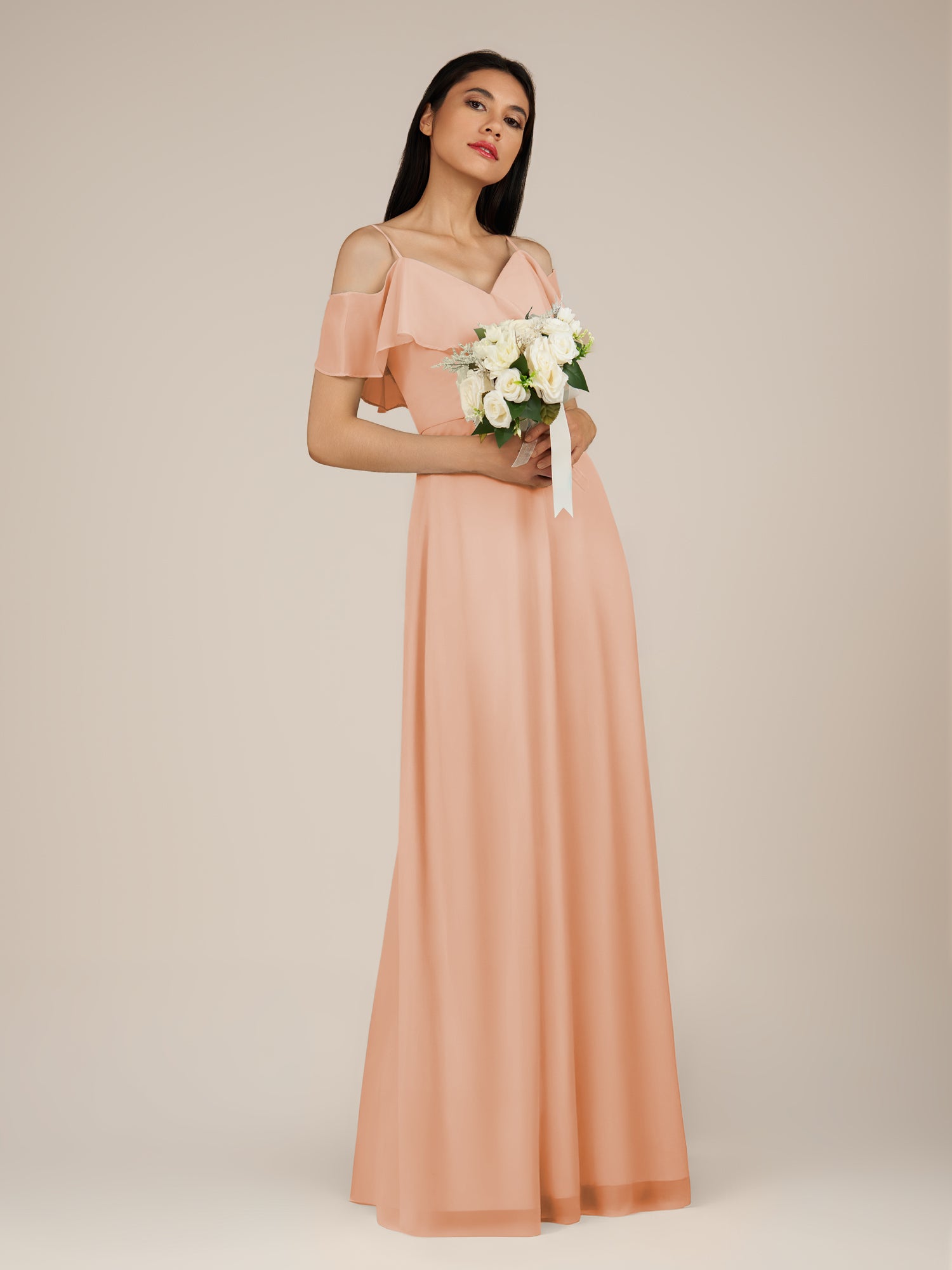 KissDress-Junessa English Rose A Line Off the Shoulder Chiffon Long Bridesmaid Dress with Ruffles