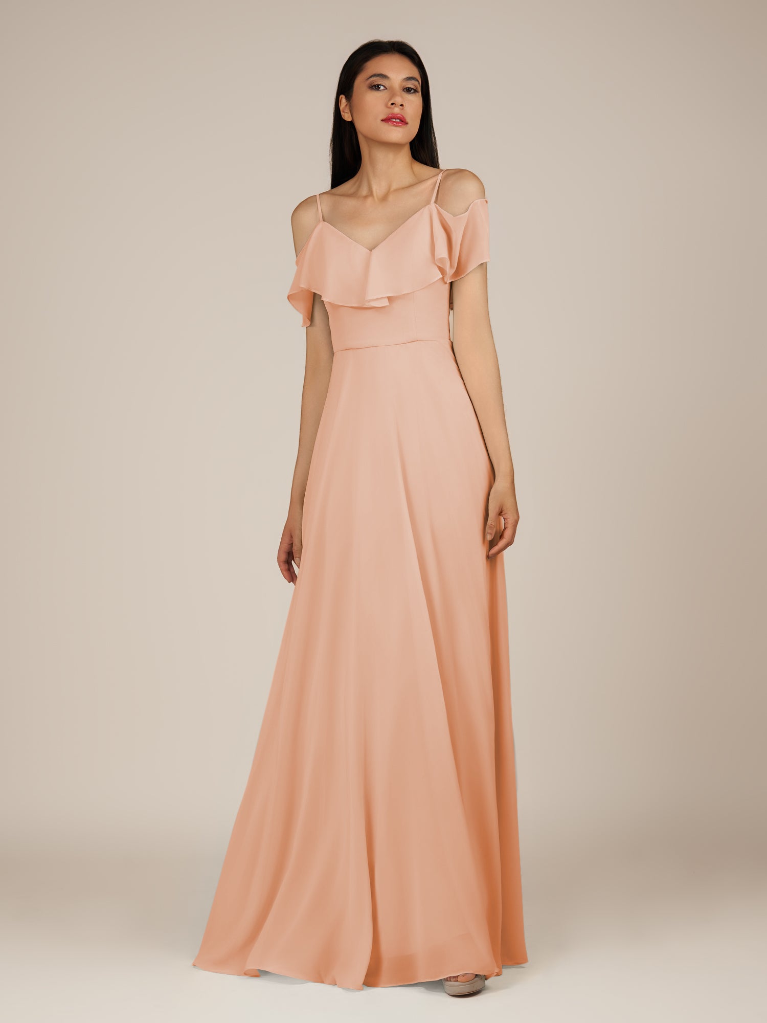 KissDress-Junessa English Rose A Line Off the Shoulder Chiffon Long Bridesmaid Dress with Ruffles