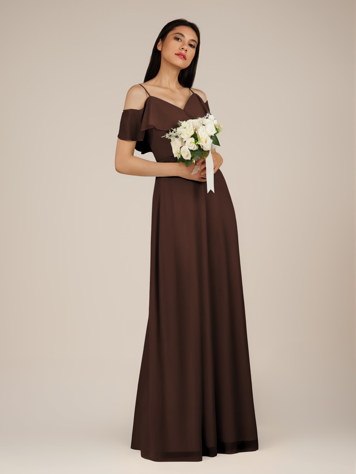 KissDress-Junessa Espresso A Line Off the Shoulder Chiffon Long Bridesmaid Dress with Ruffles