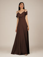 KissDress-Junessa Espresso A Line Off the Shoulder Chiffon Long Bridesmaid Dress with Ruffles