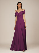 KissDress-Junessa Fig A Line Off the Shoulder Chiffon Long Bridesmaid Dress with Ruffles