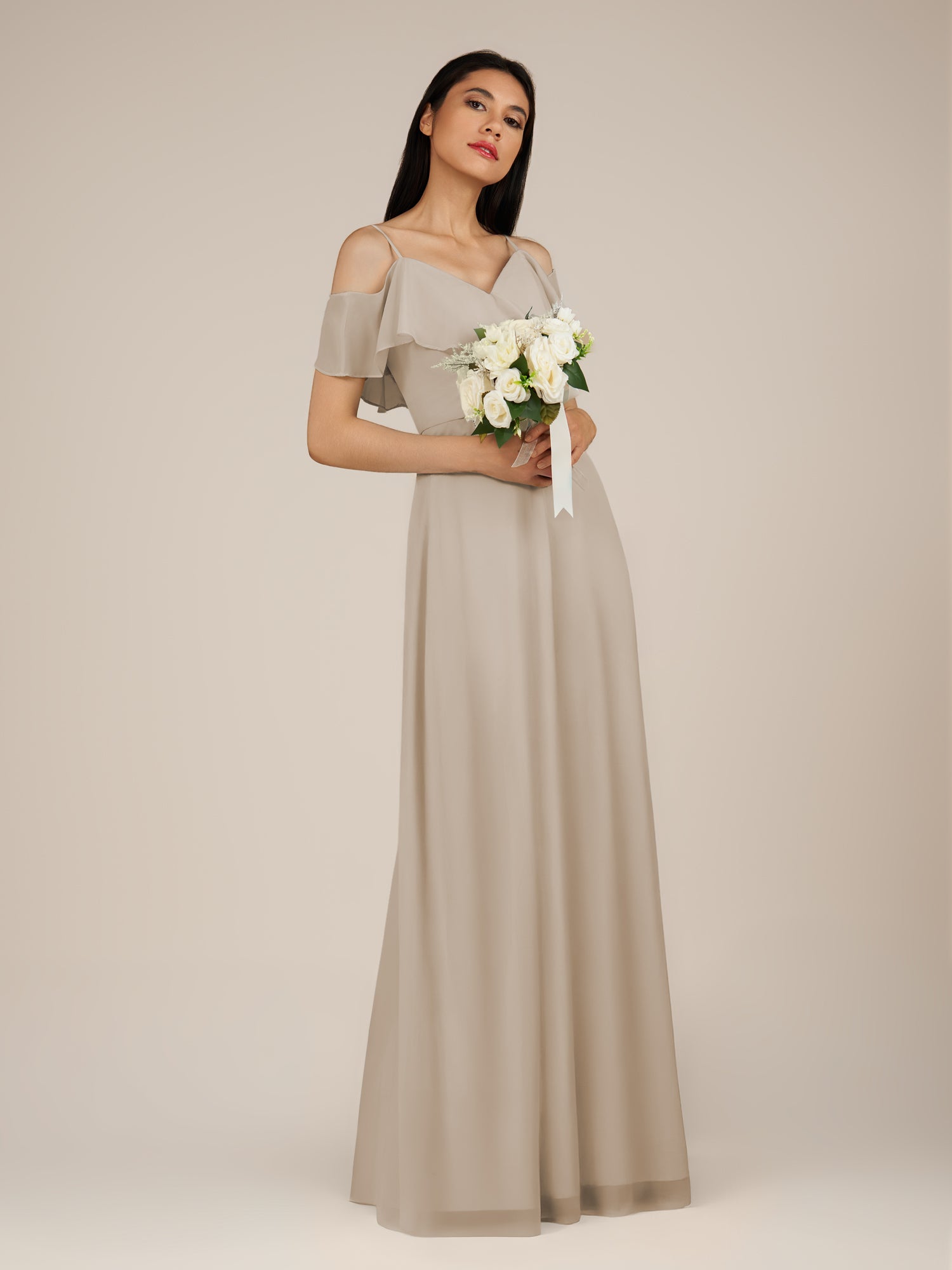 KissDress-Junessa Frost A Line Off the Shoulder Chiffon Long Bridesmaid Dress with Ruffles