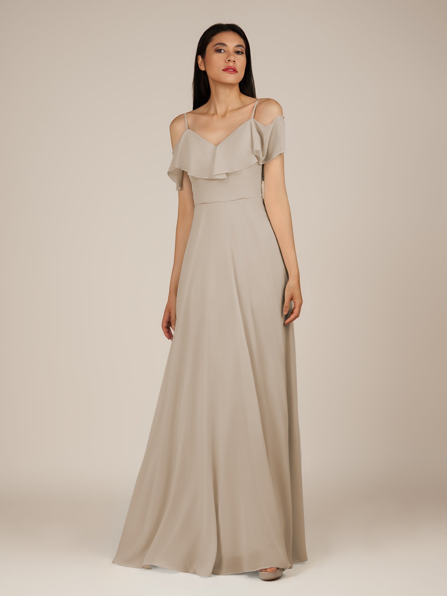 KissDress-Junessa Frost A Line Off the Shoulder Chiffon Long Bridesmaid Dress with Ruffles