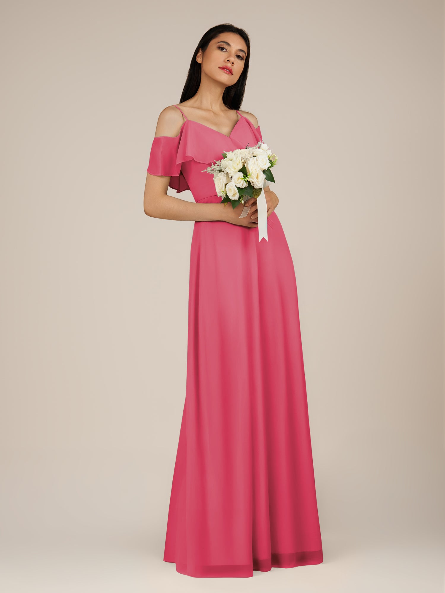 KissDress-Junessa Fuchsia A Line Off the Shoulder Chiffon Long Bridesmaid Dress with Ruffles