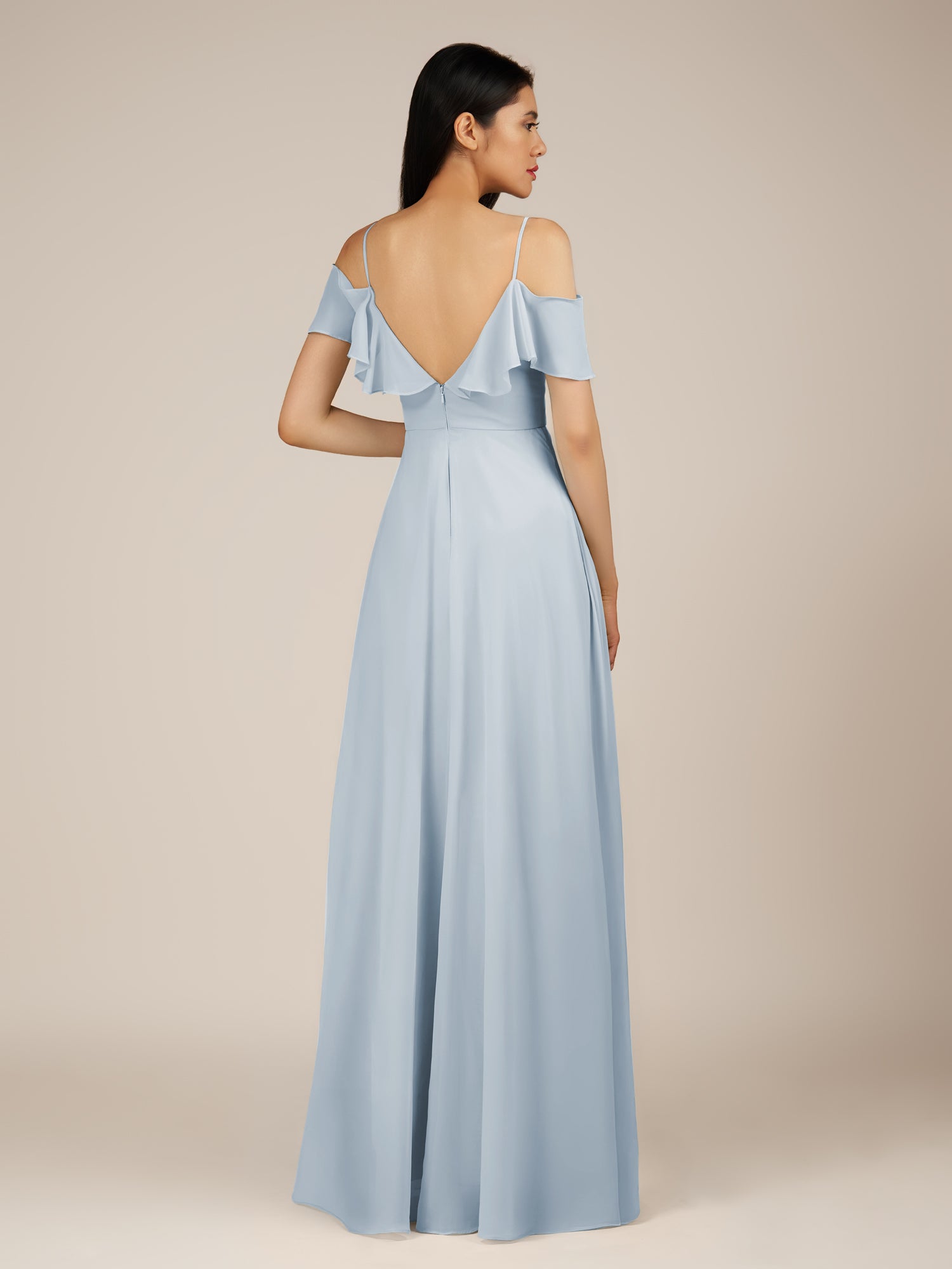KissDress-Junessa Ice A Line Off the Shoulder Chiffon Long Bridesmaid Dress with Ruffles