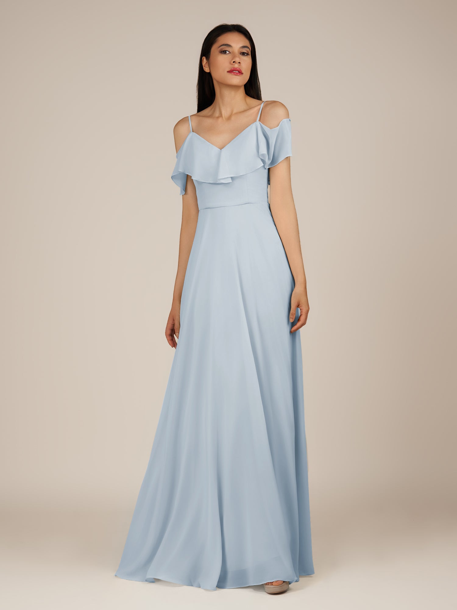 KissDress-Junessa Ice A Line Off the Shoulder Chiffon Long Bridesmaid Dress with Ruffles