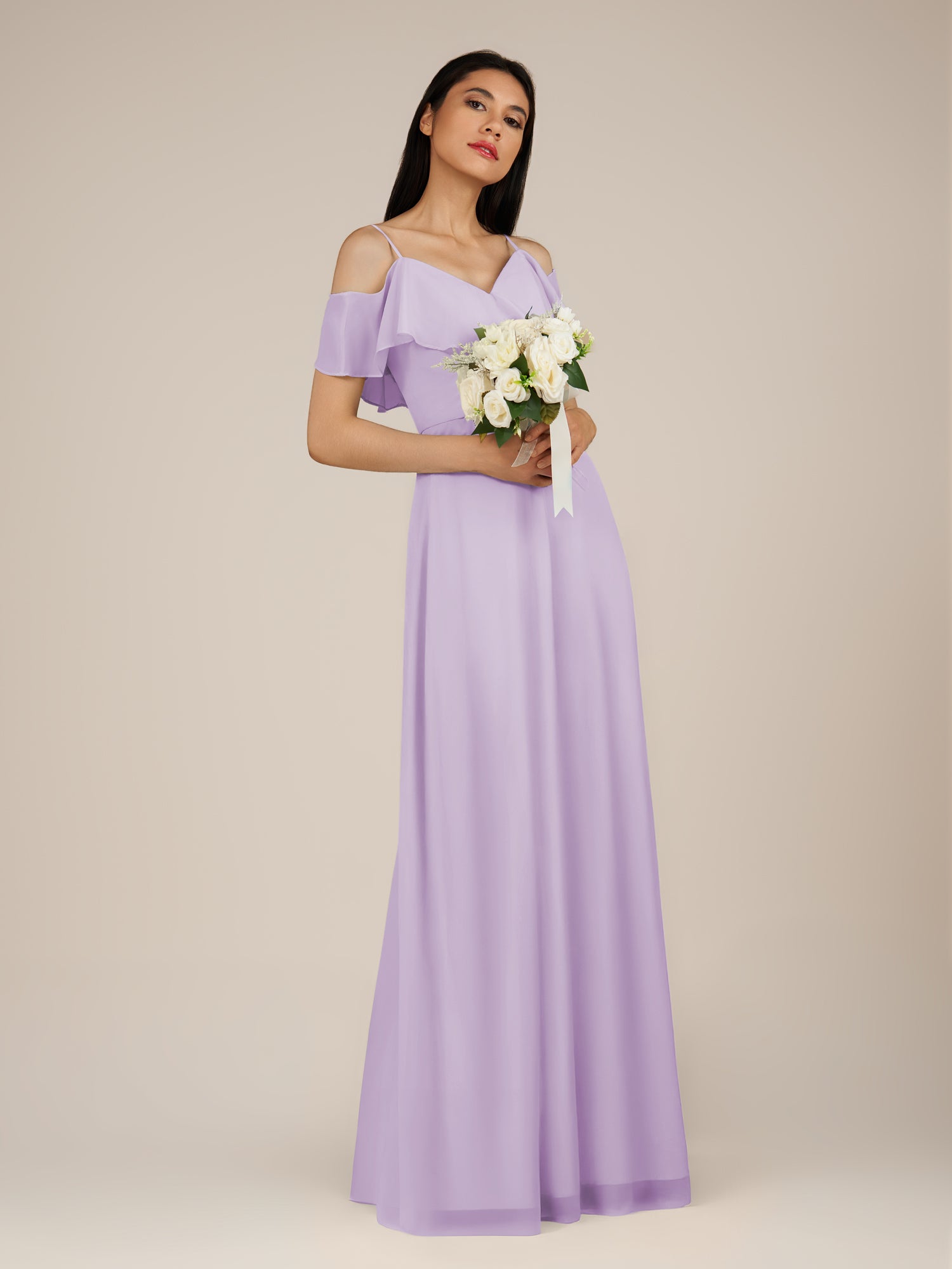 KissDress-Junessa Lavender A Line Off the Shoulder Chiffon Long Bridesmaid Dress with Ruffles