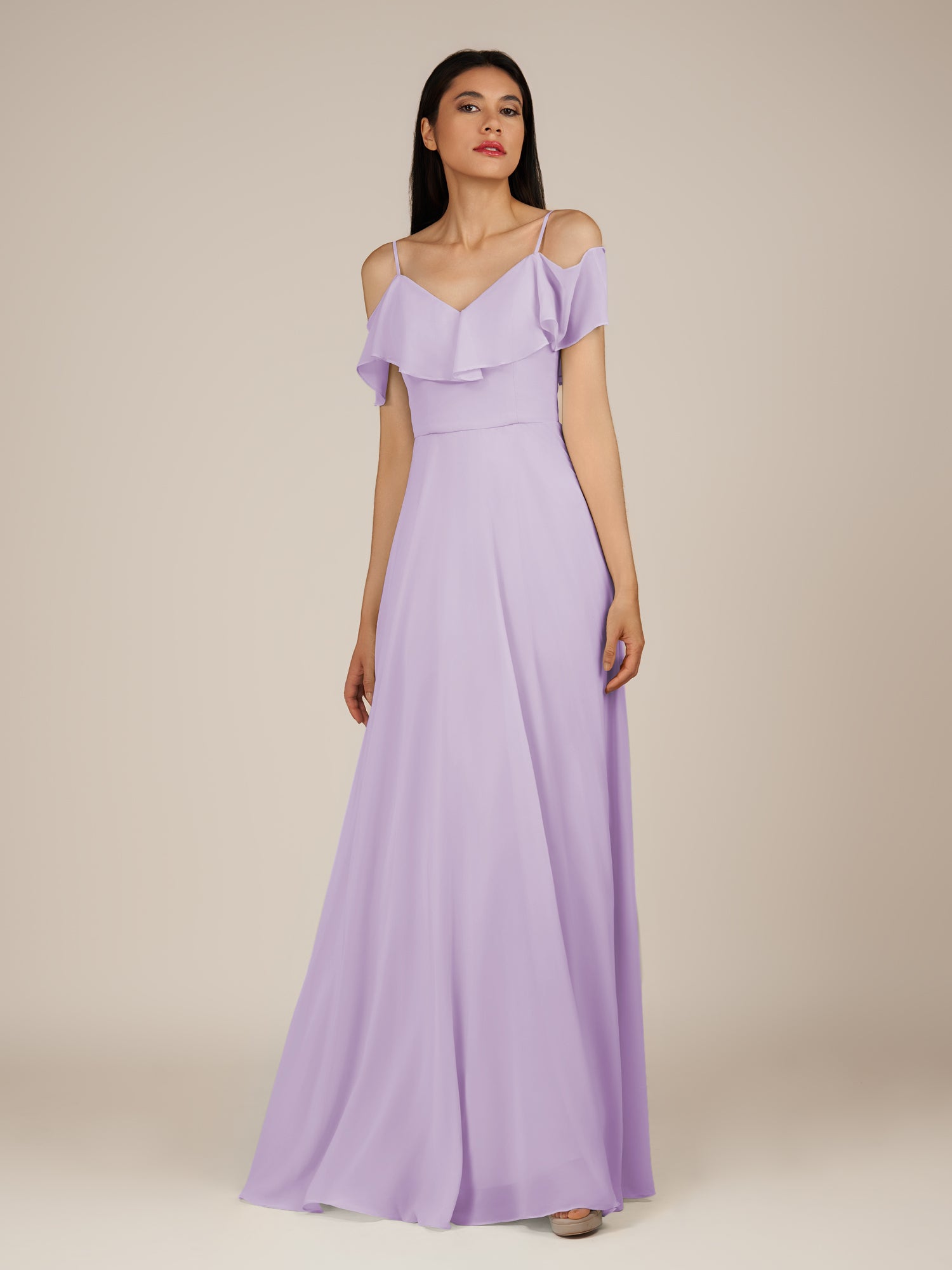 KissDress-Junessa Lavender A Line Off the Shoulder Chiffon Long Bridesmaid Dress with Ruffles