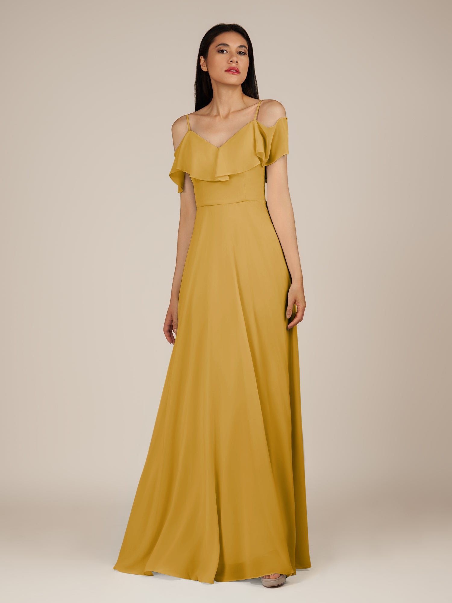 KissDress-Junessa Marigold A Line Off the Shoulder Chiffon Long Bridesmaid Dress with Ruffles