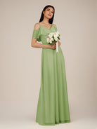 KissDress-Junessa Matcha A Line Off the Shoulder Chiffon Long Bridesmaid Dress with Ruffles
