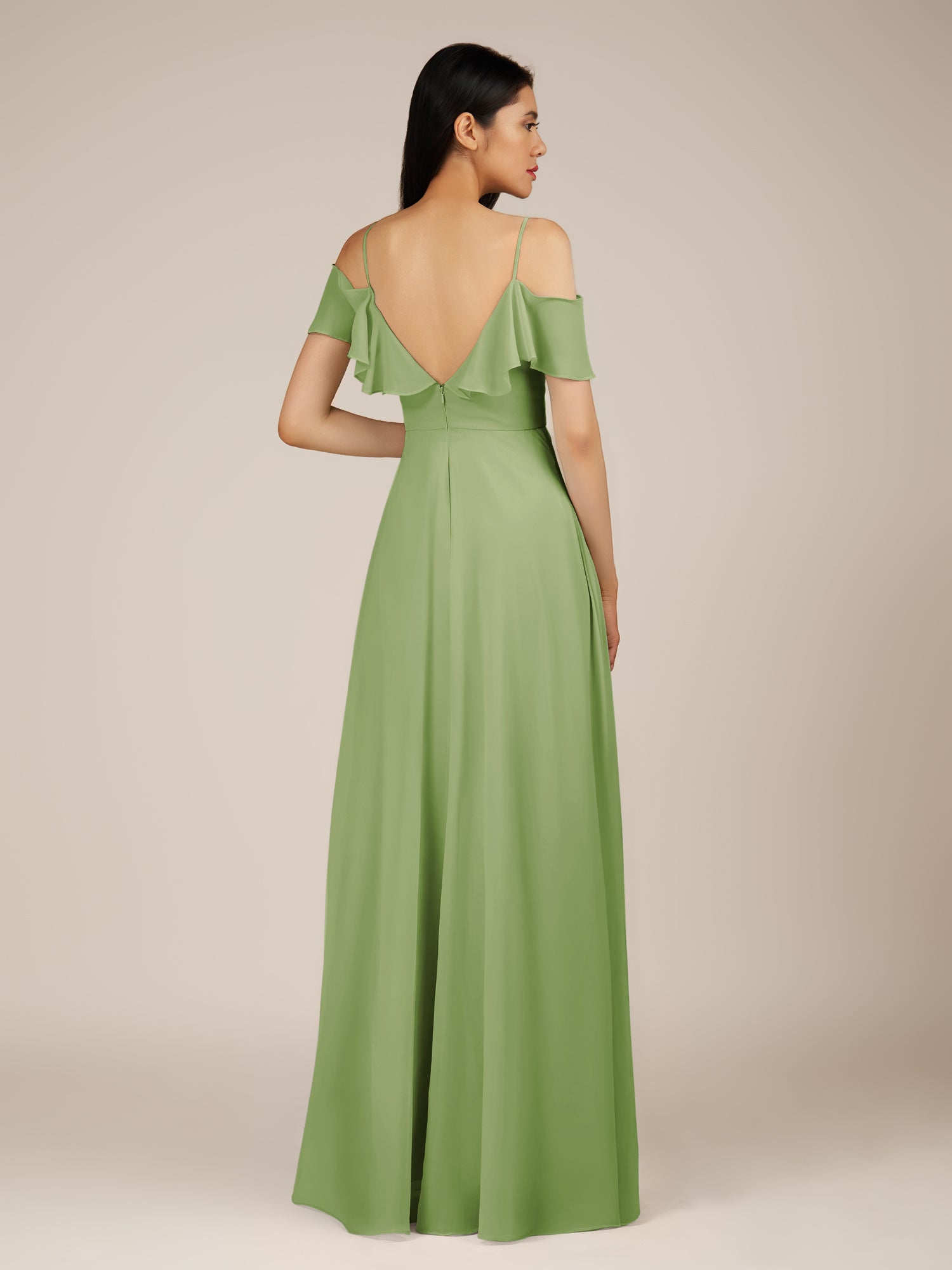 KissDress-Junessa Matcha A Line Off the Shoulder Chiffon Long Bridesmaid Dress with Ruffles