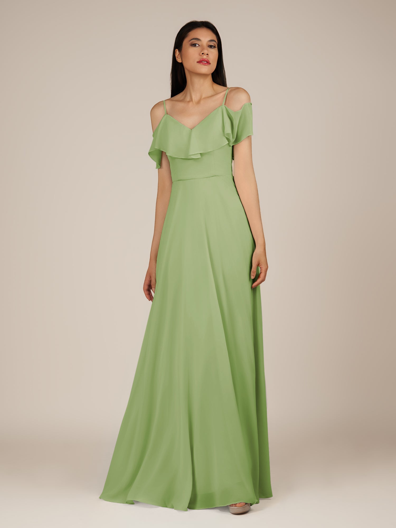 KissDress-Junessa Matcha A Line Off the Shoulder Chiffon Long Bridesmaid Dress with Ruffles