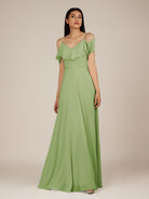KissDress-Junessa Matcha A Line Off the Shoulder Chiffon Long Bridesmaid Dress with Ruffles