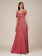 KissDress-Junessa Merlot A Line Off the Shoulder Chiffon Long Bridesmaid Dress with Ruffles