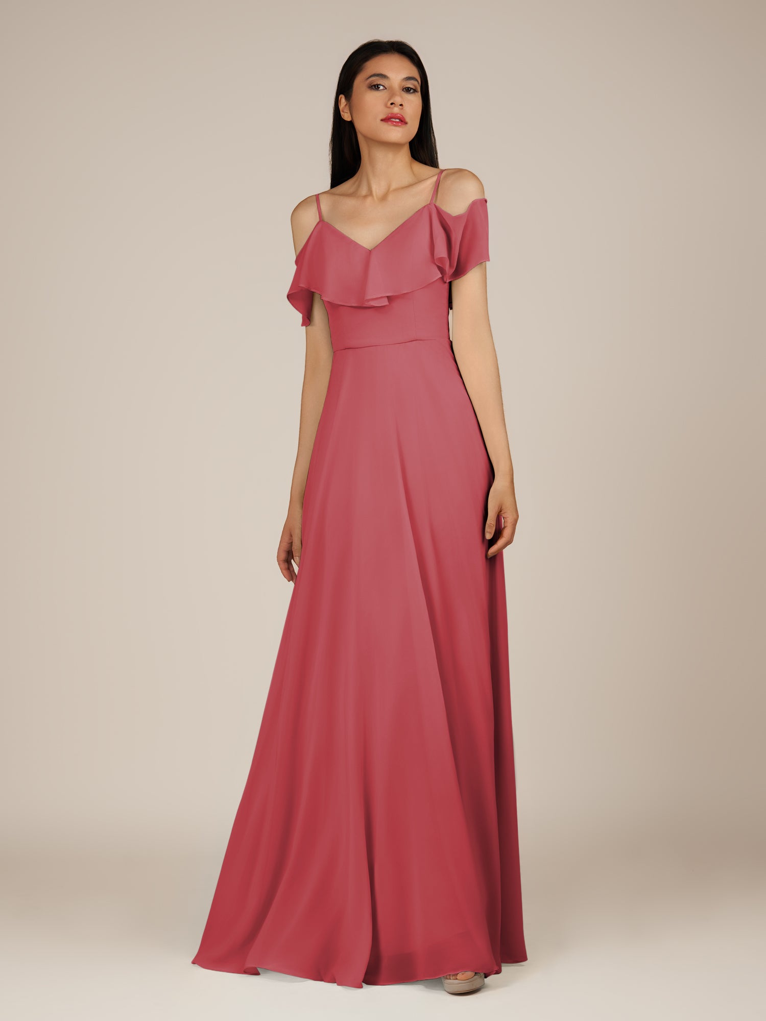 KissDress-Junessa Merlot A Line Off the Shoulder Chiffon Long Bridesmaid Dress with Ruffles