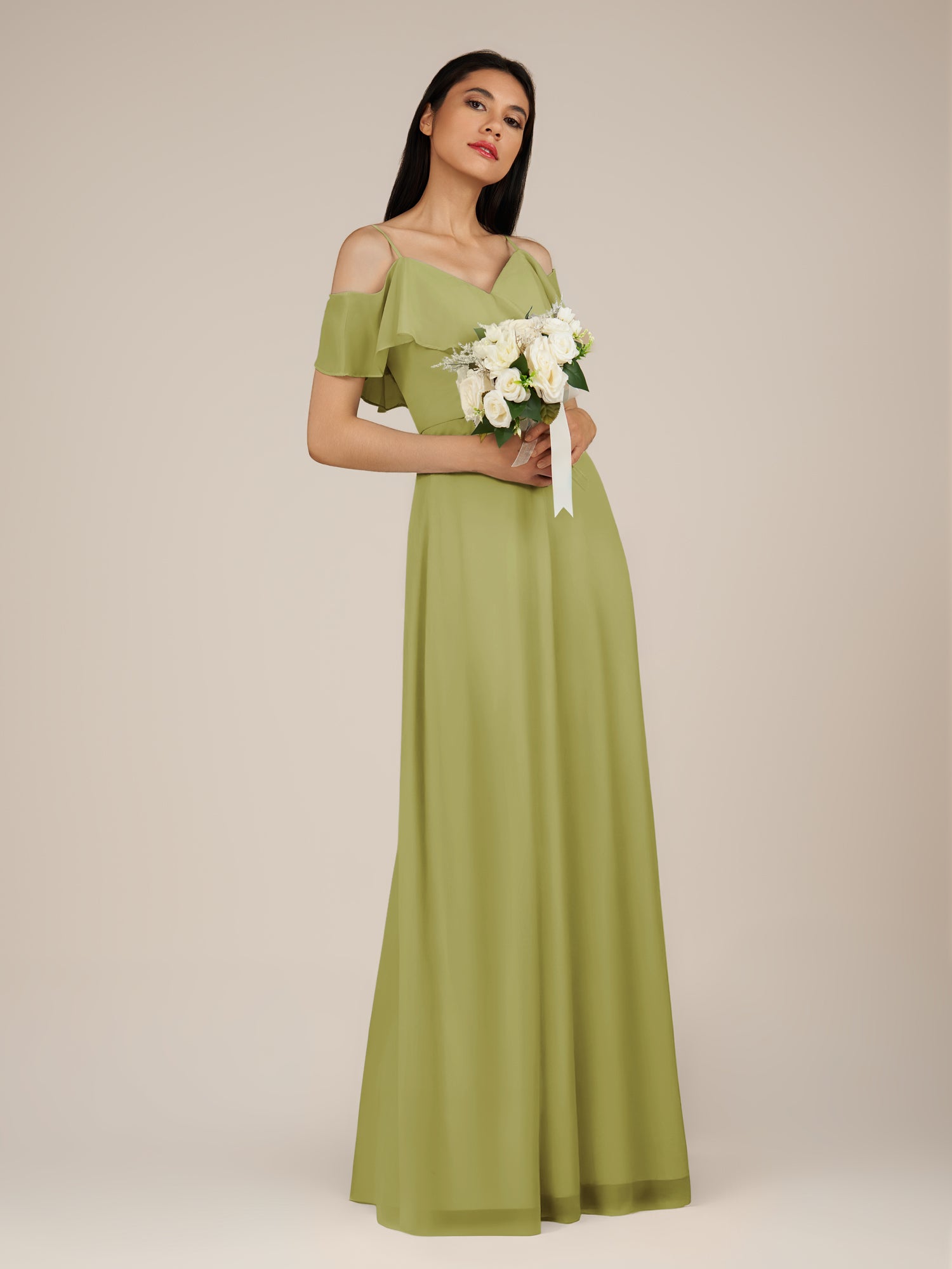 KissDress-Junessa Moss Green A Line Off the Shoulder Chiffon Long Bridesmaid Dress with Ruffles