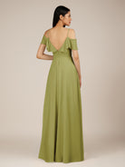 KissDress-Junessa Moss Green A Line Off the Shoulder Chiffon Long Bridesmaid Dress with Ruffles