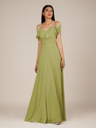 KissDress-Junessa Moss Green A Line Off the Shoulder Chiffon Long Bridesmaid Dress with Ruffles