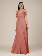 KissDress-Junessa Mulberry A Line Off the Shoulder Chiffon Long Bridesmaid Dress with Ruffles