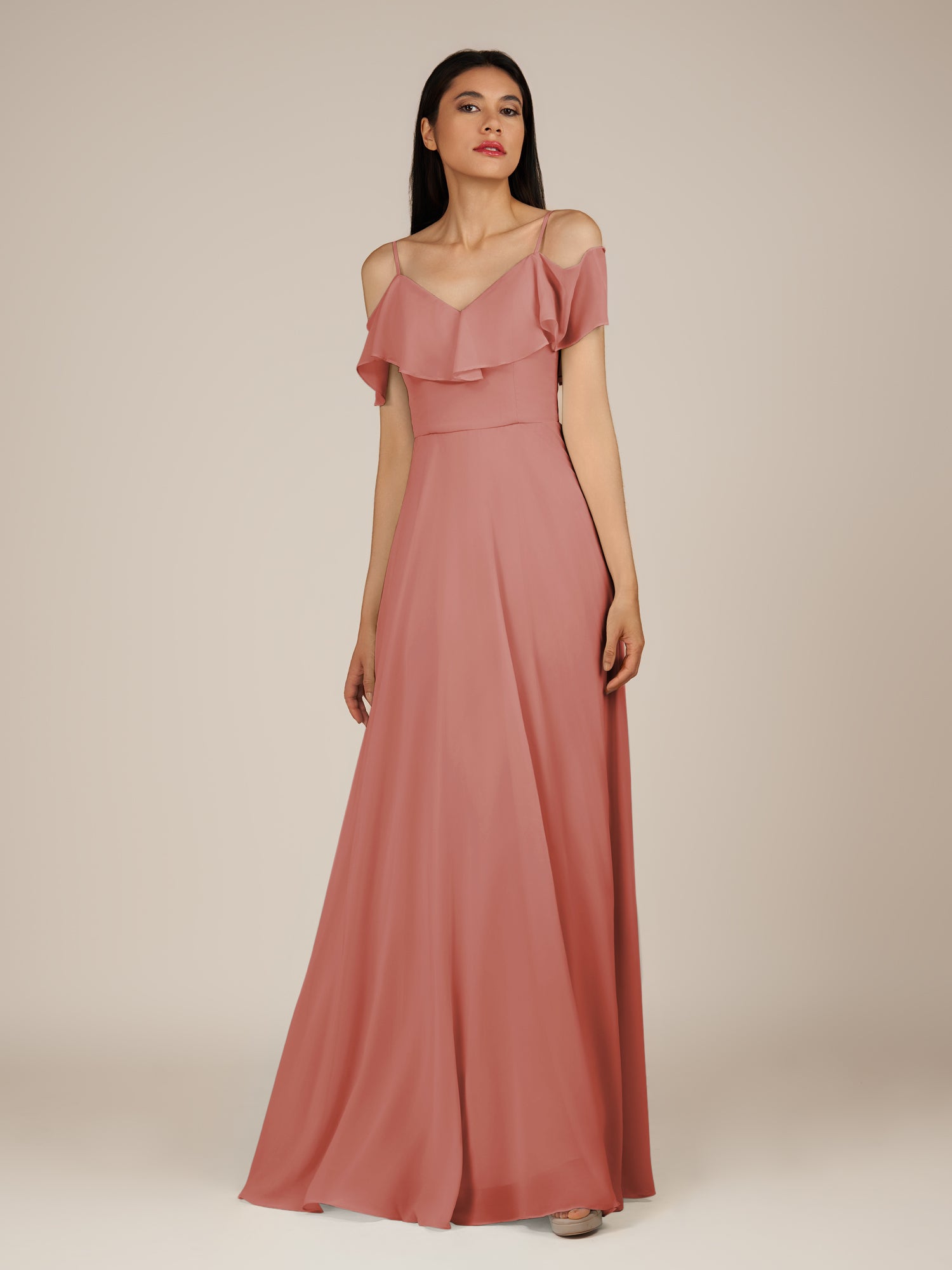 KissDress-Junessa Mulberry A Line Off the Shoulder Chiffon Long Bridesmaid Dress with Ruffles